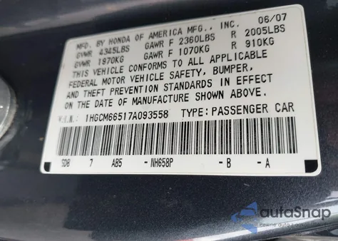2007 Honda Accord 3.0 Ex from USA, damaged, VIN 1HGCM66517A093558